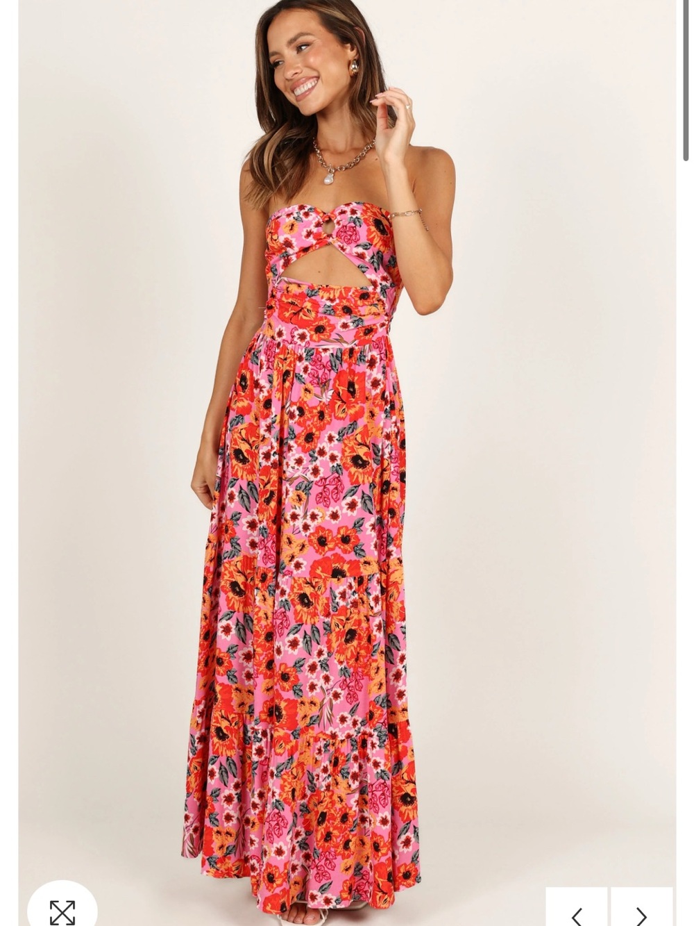 Petal & Pup Pink and Orange Floral Strapless Cutout Maxi Dress
